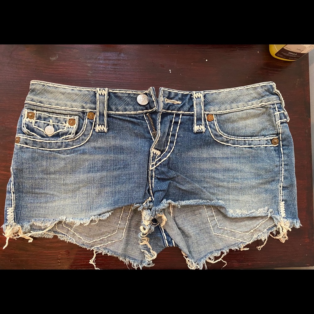 True Religion denim shorts with white stitching